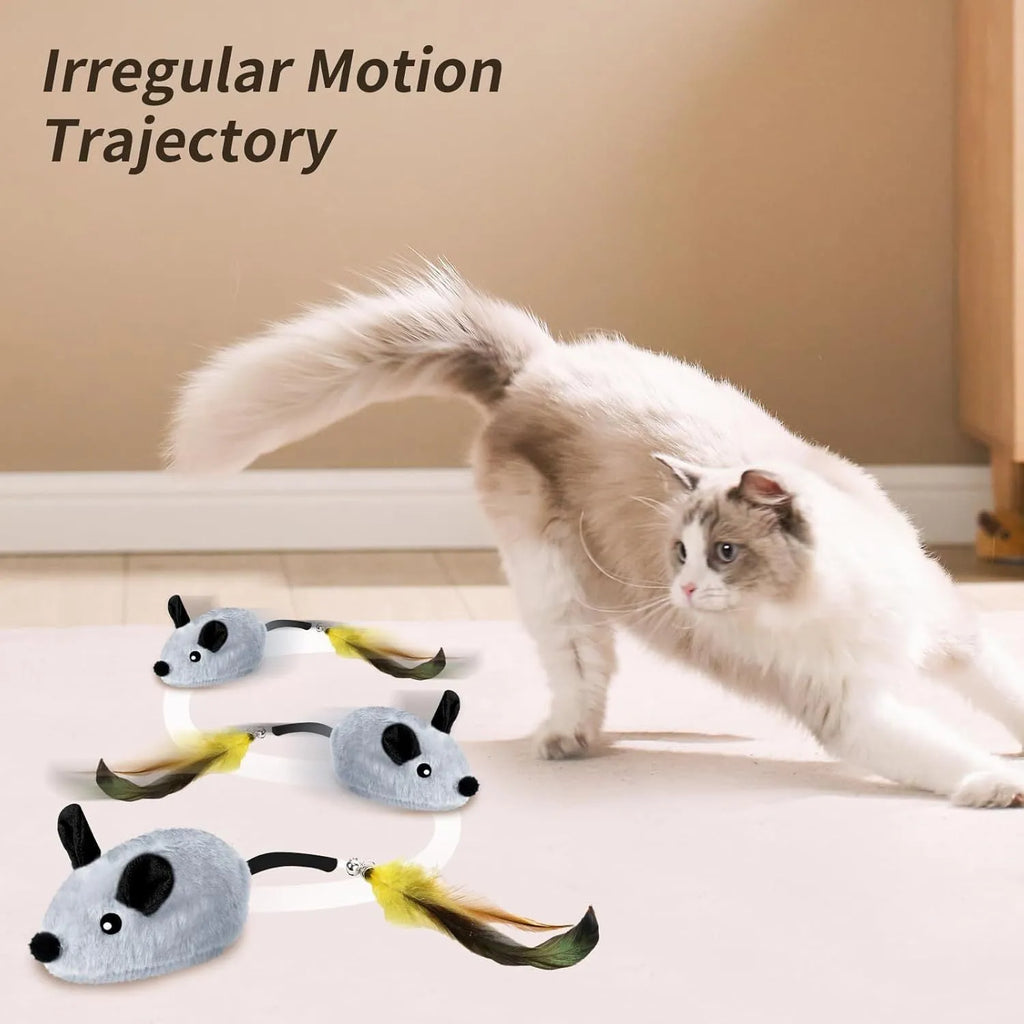 Grey and yellow plush automatic cat toy mouse with feather tail and LED lights