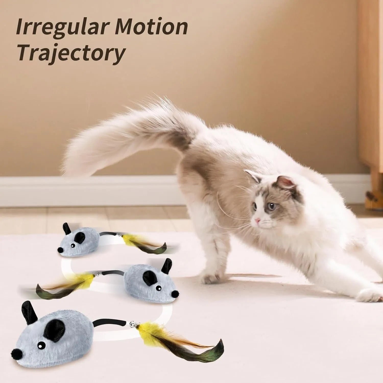 Grey and yellow plush automatic cat toy mouse with feather tail and LED lights