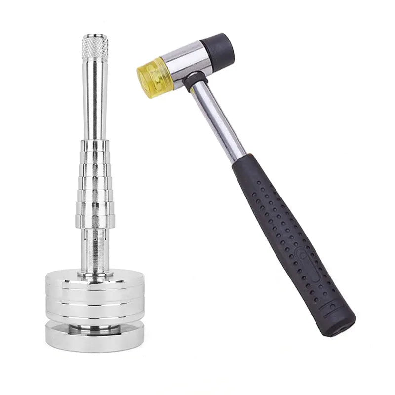 Black ring expansion tool set with base expander and rubber hammer for jewellery resizing