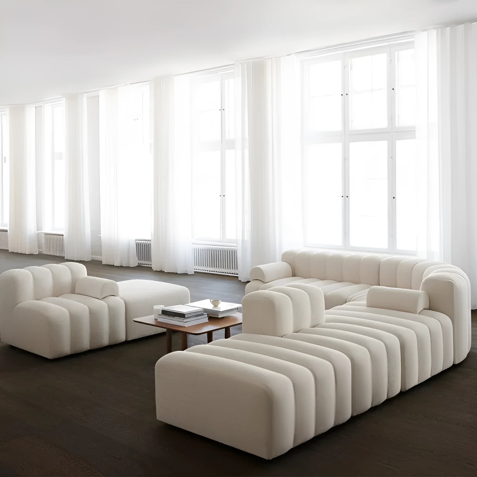 Nordic modular sofa set in beige fleece with square units corner and footrest