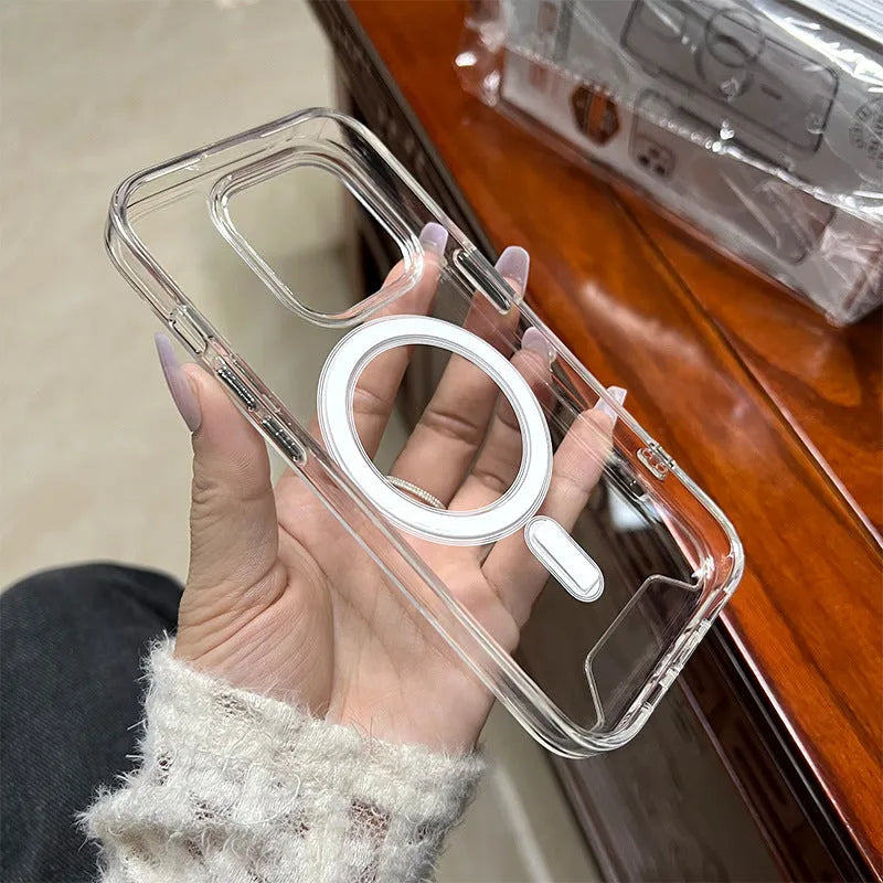 Transparent magnetic acrylic phone case for Apple iPhone, shockproof TPU bumper, anti-fingerprint back, electroplated magnetic ring