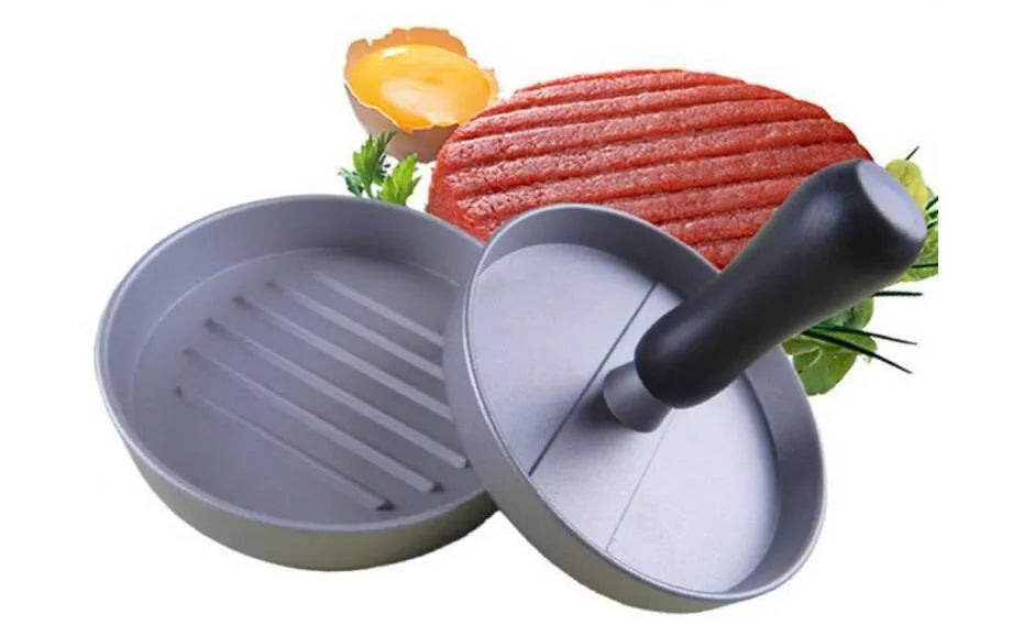 Single aluminium die cast burger press with base and handled plate, 12x12x9 cm size
