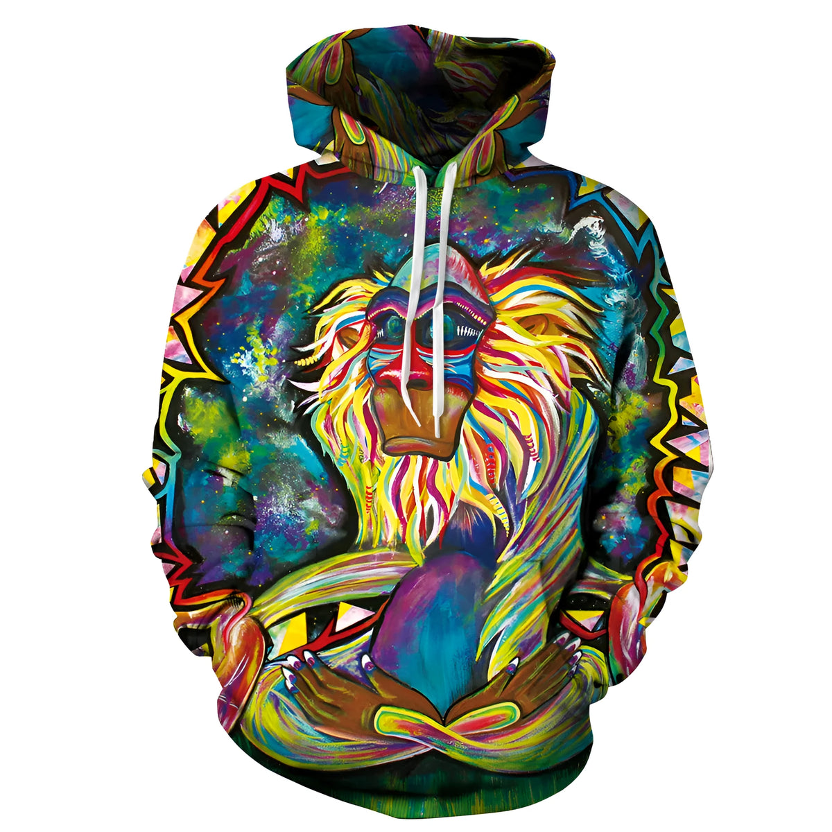 3D monkey print hoodie on a person, showing front pocket and full-colour graphic design