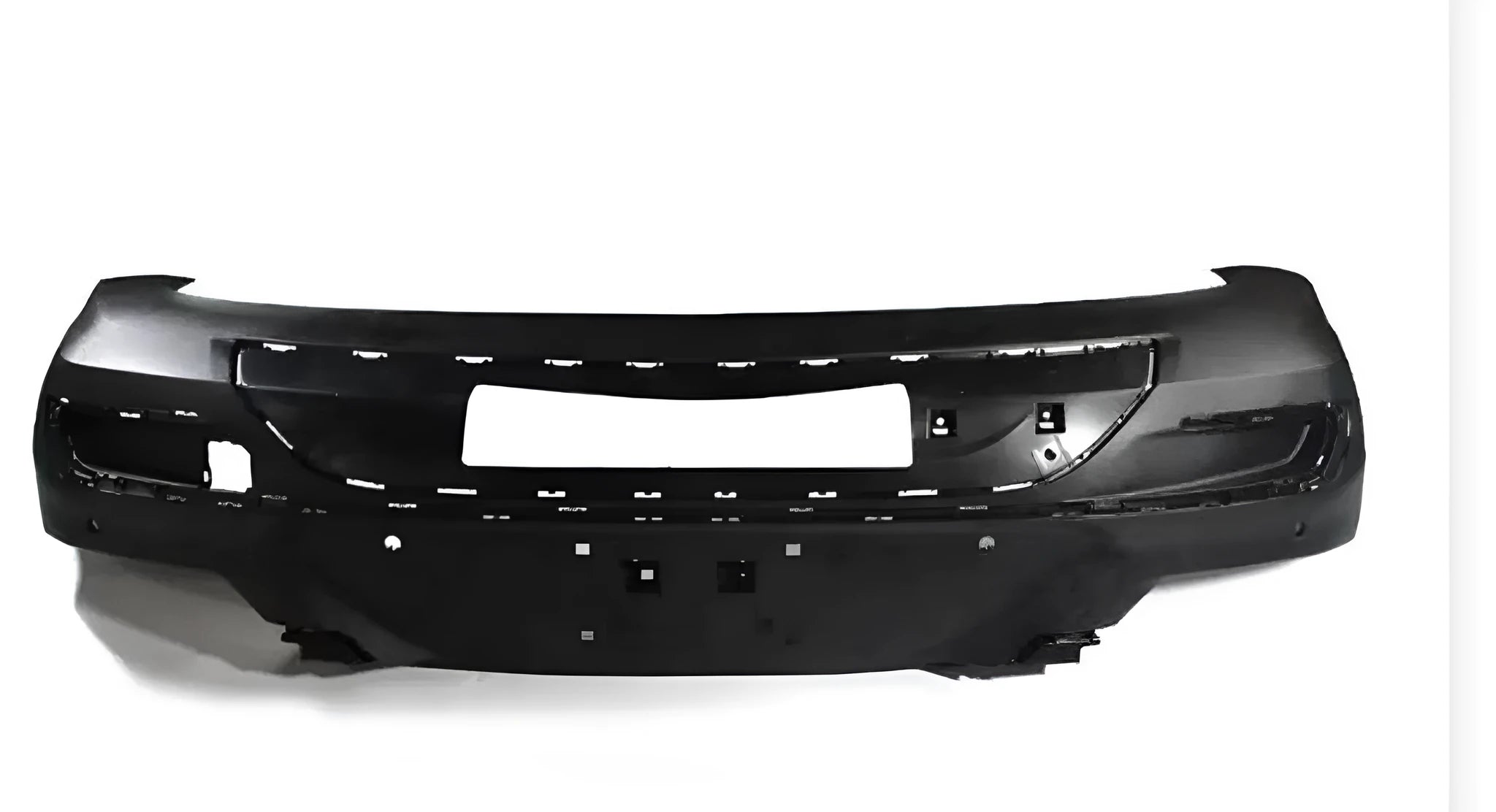 Black plastic vehicle bumper replacement panel for automotive front or rear assembly