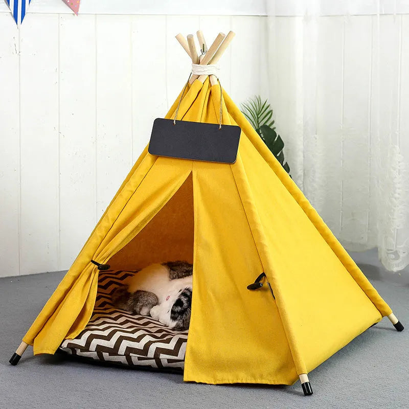 Striped flax linen pet teepee tent with removable cushion for small dogs and cats