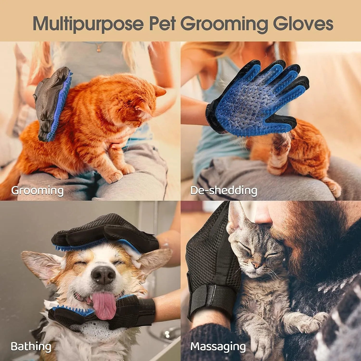 Blue pet grooming glove with silicone tips for brushing dogs and cats.