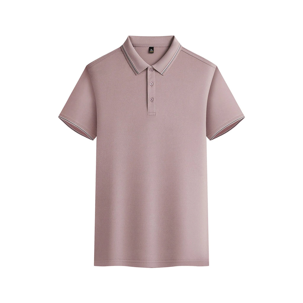 Men's navy blue short-sleeved polo shirt made from quick-drying polyester fabric for summer.