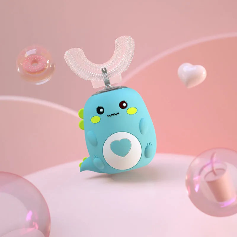 Children's electric toothbrush with food grade silicone U-shaped head, 360 degree automatic cleaning, USB charging, available in Little Dinosaur Pink, Blue, Green