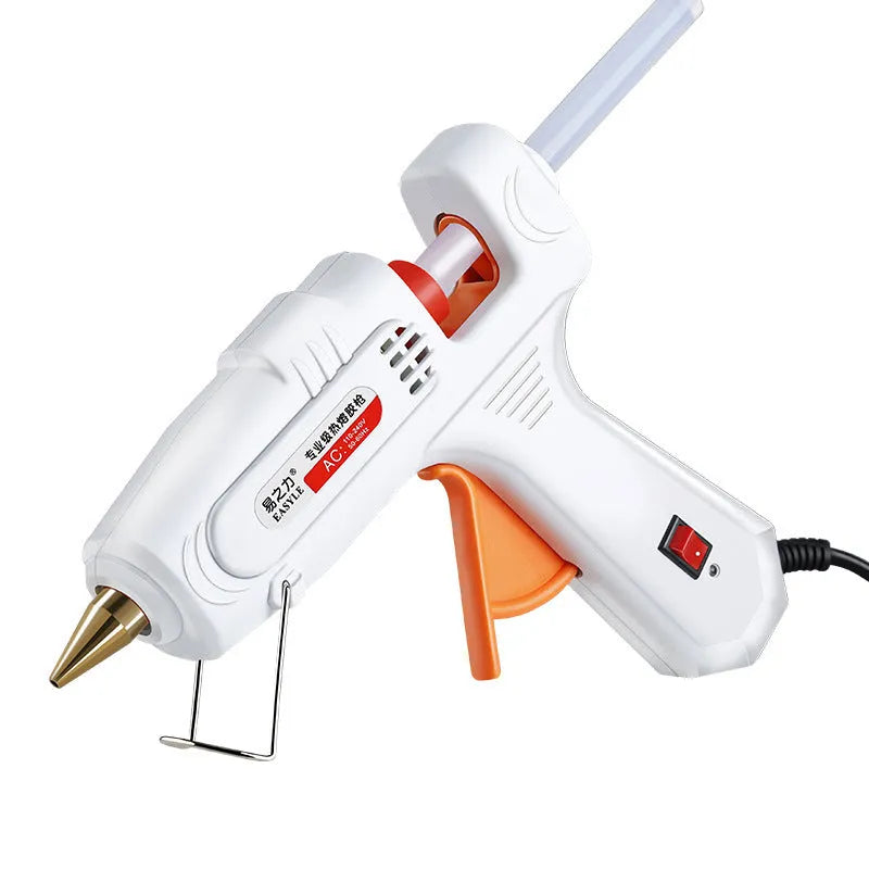 White electric hot melt glue gun with safety switch LED, anti-heat blanket, and metal stand.