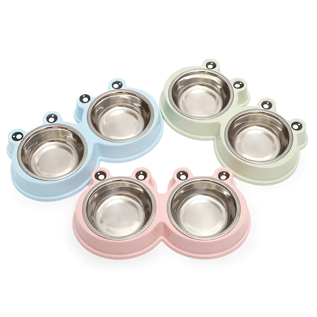 Stainless steel double pet bowl for food and water with a coloured silicone anti-slip base.