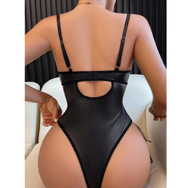 Women's black push-up lingerie one-piece suit with adjustable straps laid flat.