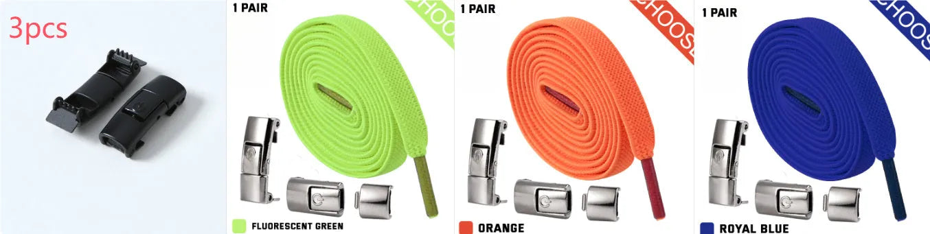 Pair of black 8mm wide flat press lock elastic shoelaces for no-tie fastening on sneakers