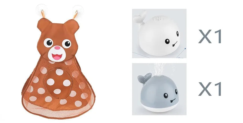 White and blue whale-shaped bath toy spraying water with LED lights on, floating in a baby bath