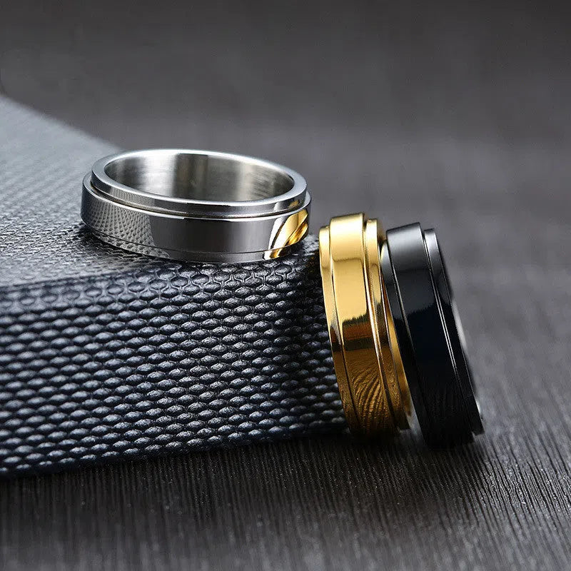 Rotatable stainless steel ring with electroplated finish, geometric Korean style, unisex fit, available in multiple colours and sizes.