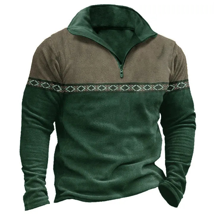 Man wearing a multicolour retro patchwork zip-front polo sweater.