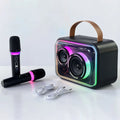 Light yellow and black Bluetooth karaoke speaker with RGB lighting and microphone options