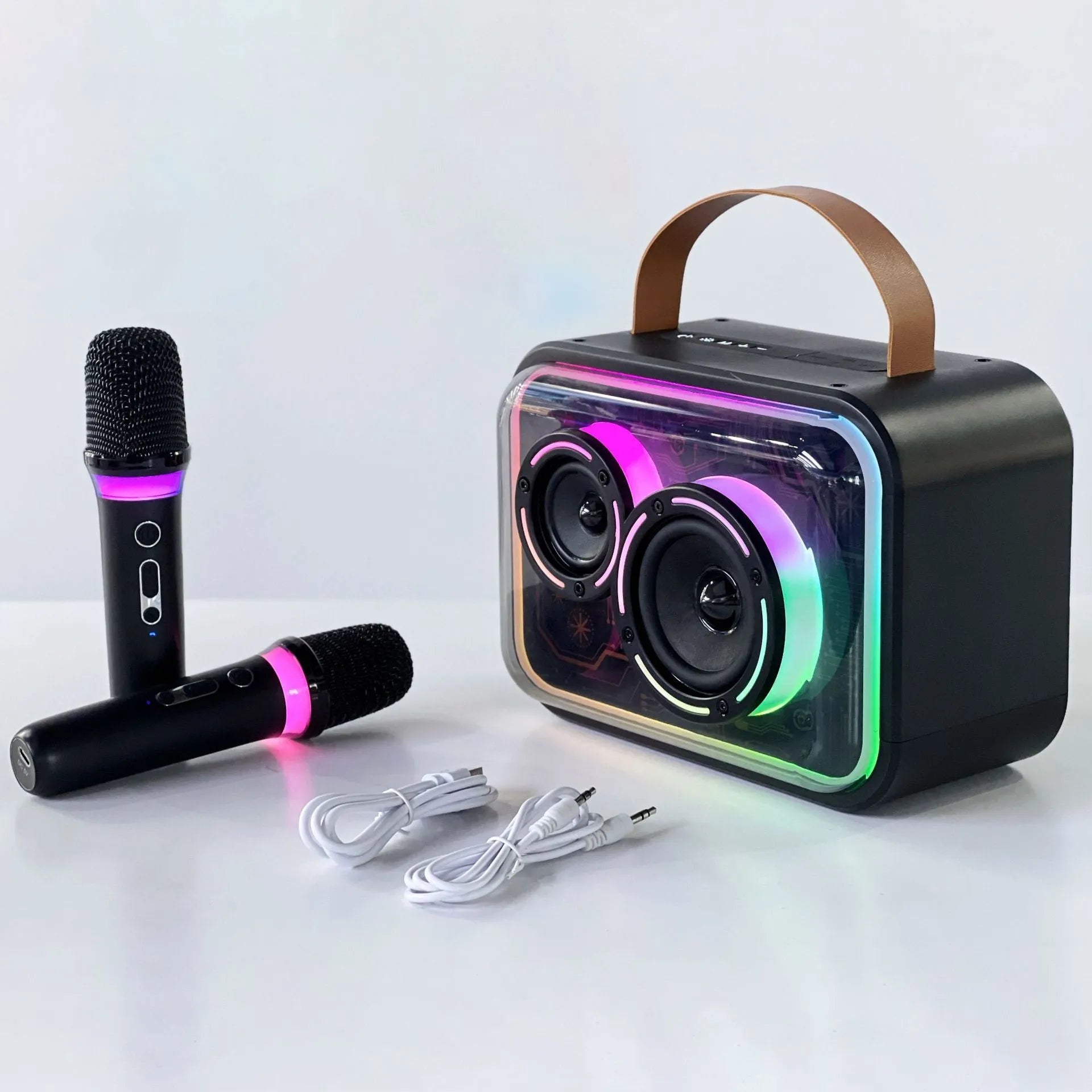 Light yellow and black Bluetooth karaoke speaker with RGB lighting and microphone options