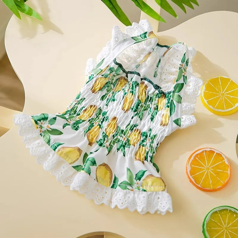 Rock yellow lemon coloured dog dress with thin straps and a skirt in a princess style.