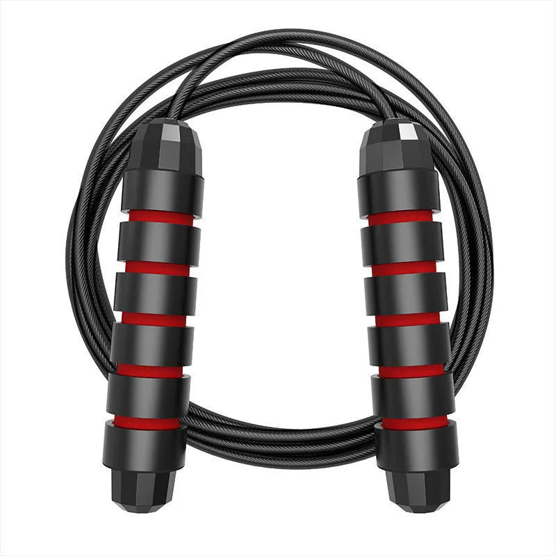 Steel wire skipping rope with black foam handles on a flat surface, showing 3m length and 4mm rope diameter