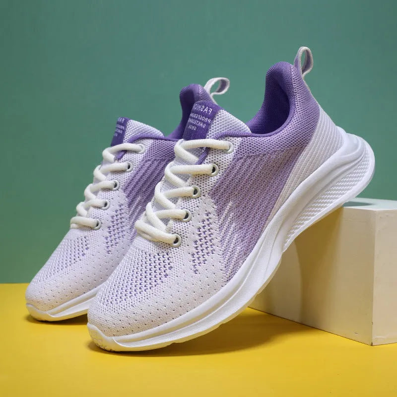 Women's mesh leisure sneakers with T-shaped bandage design, round toe, in white and black colourway