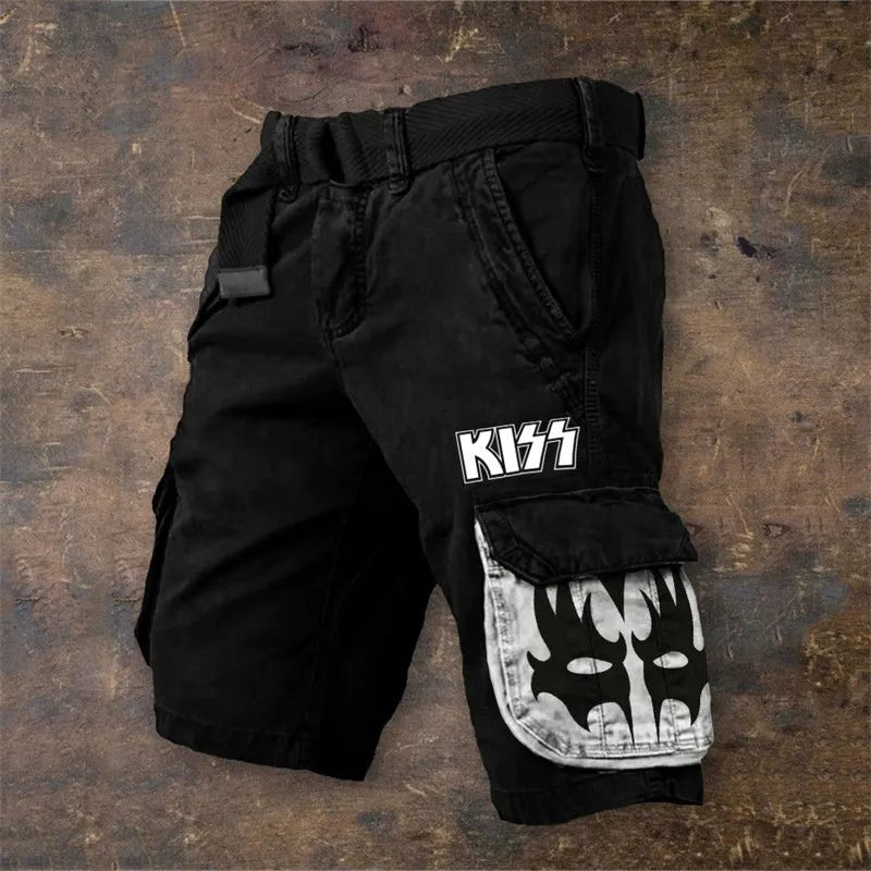 Man wearing black polyester shorts with a 3D digital printed pattern.