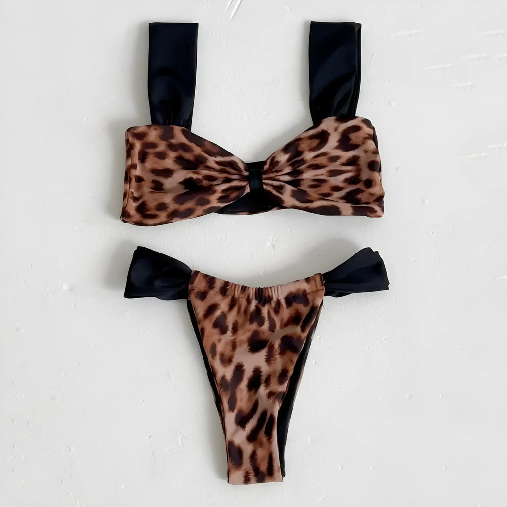 Women's leopard print bikini set with tube top and split panties swimwear
