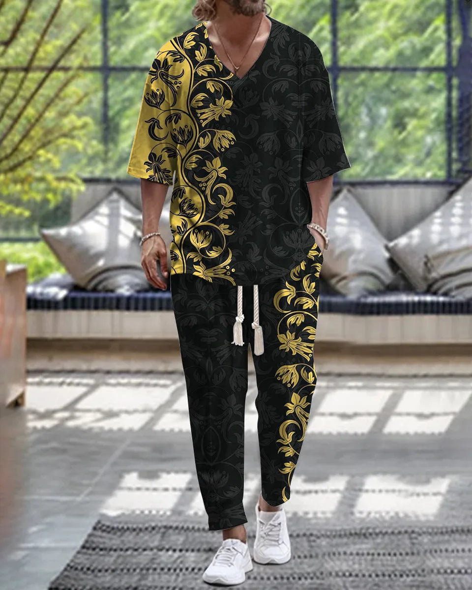 Cropped sleeves V-neck trousers suit in thin polyester fabric with matching top and pants