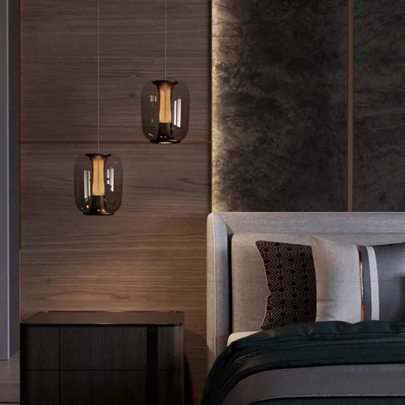 Minimalist Nordic chandelier with metal and glass construction in three colour options