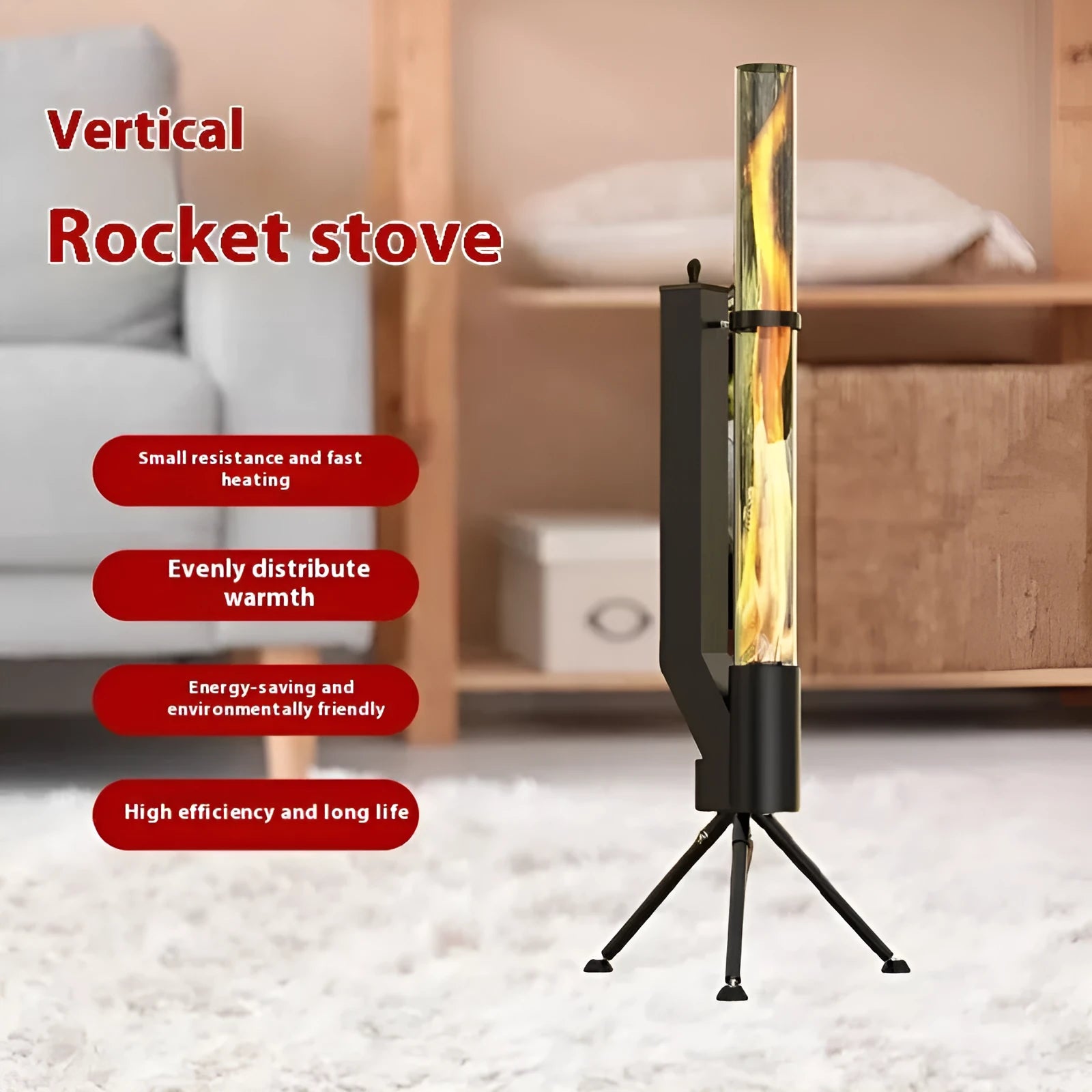 Vertical iron wood burning rocket furnace outdoor heating stove with visible flames