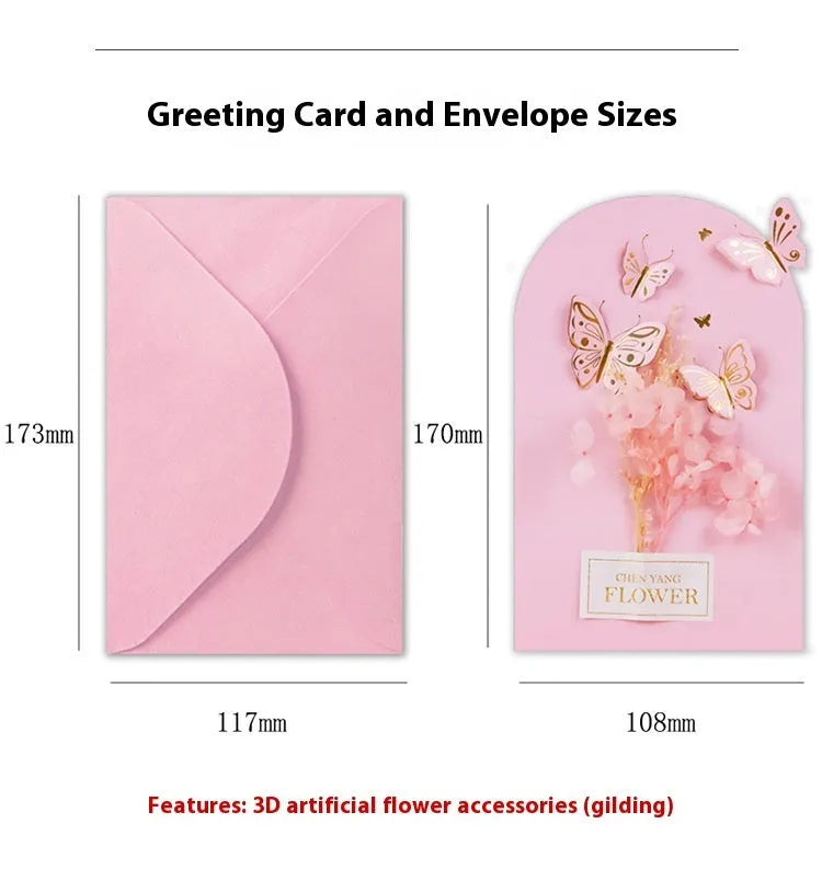 Handmade 3D butterfly-shaped greeting card with artificial flowers in a box, alongside its matching envelope.