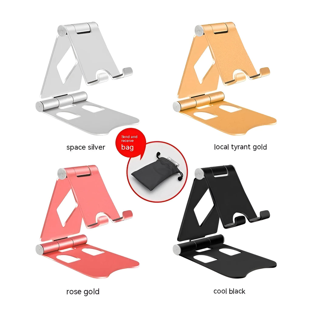 Aluminium alloy folding mobile phone desktop stand in black colour on a desk surface