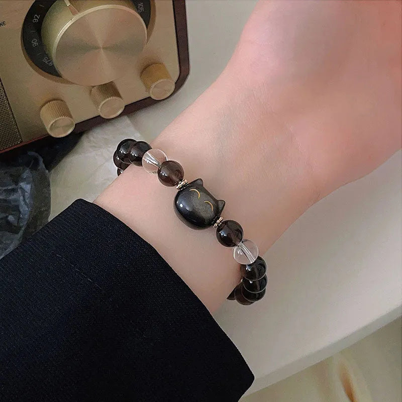 Women's opal cat head bracelet with 8mm ice stone beads and adjustable chain in natural silver stone colour
