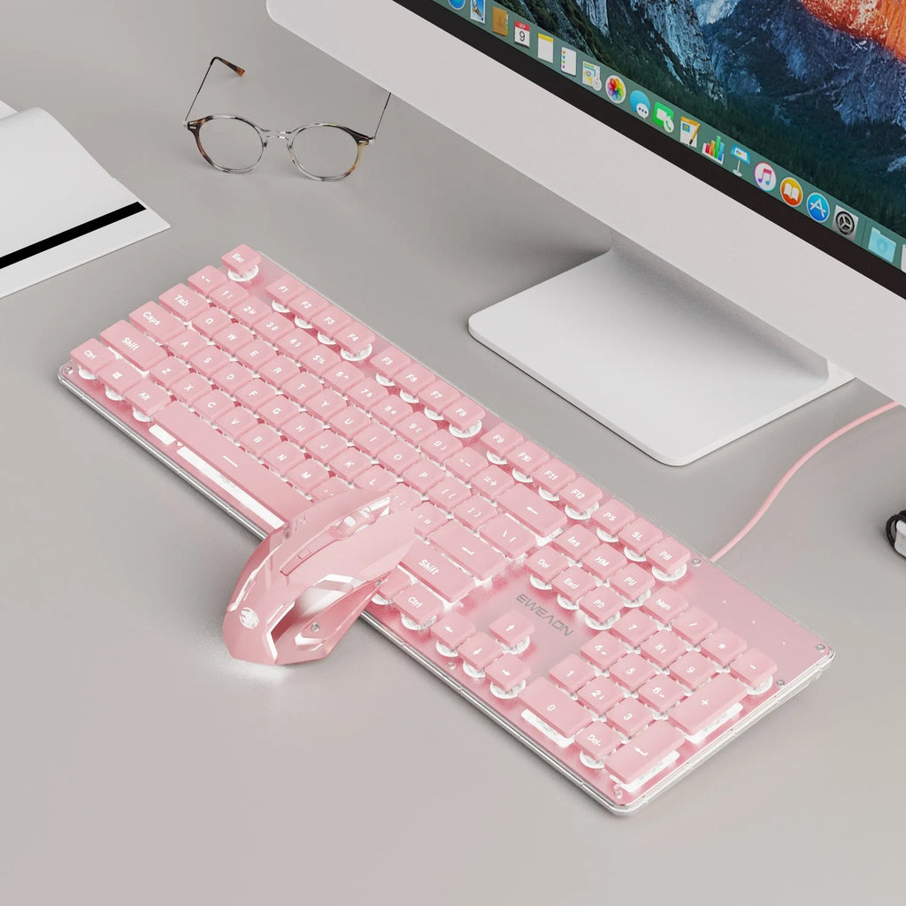 Wired mute keyboard with mechanical feel, ABS construction, 44x13x2cm, white light variant on desk