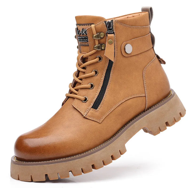 Men's brown leather high-top boots with side zipper and round toe design