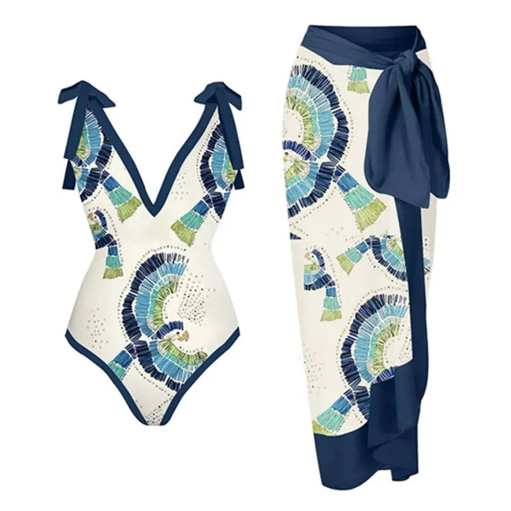 French retro one-piece backless swimsuit with matching gauze skirt in blue or pink colours