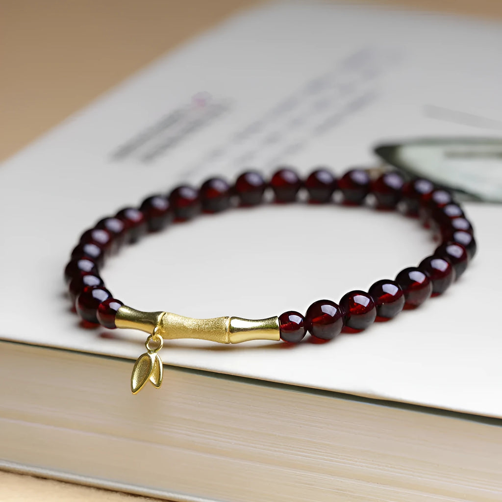 Natural garnet bamboo joint bracelet with 6mm gemstone in copper or silver finish