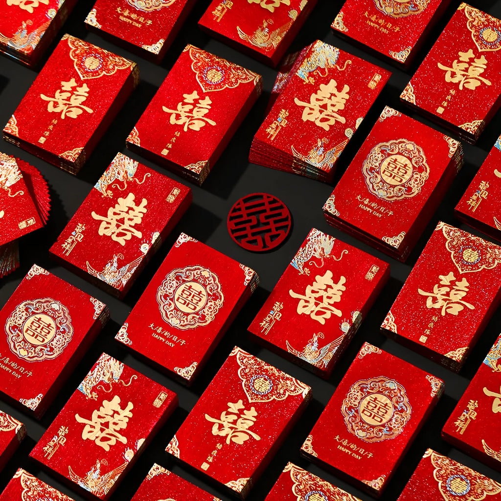 Pack of mini Chinese style wedding red packets in various colours for small cash gifts