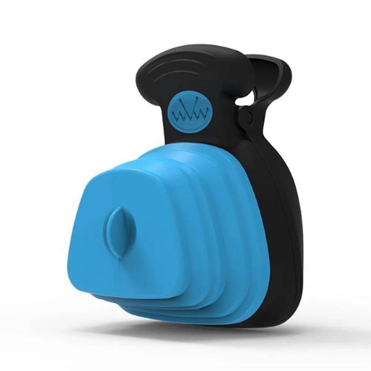 Blue expandable pooper scooper with clip attachment for dog waste cleanup