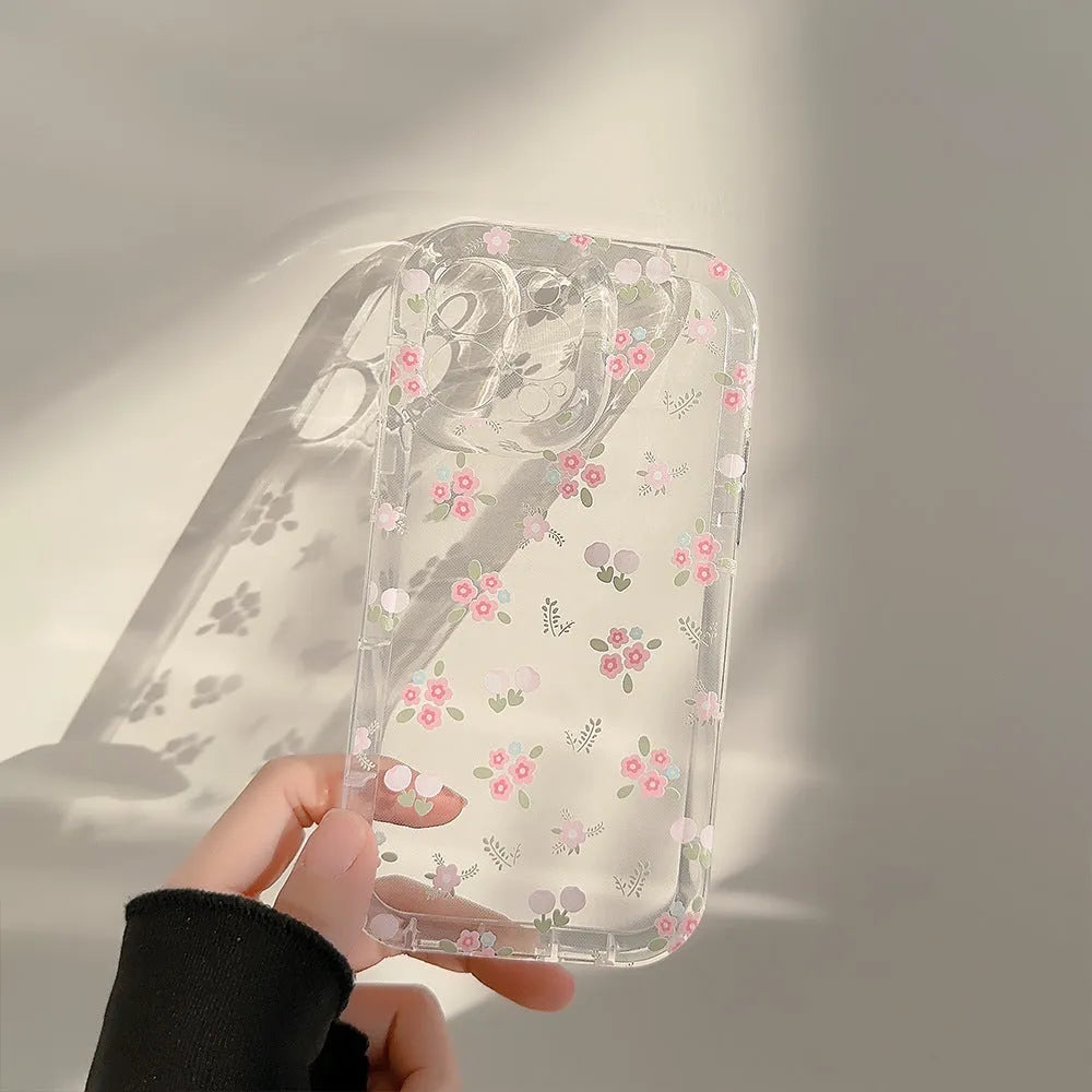 Crushed Flower Flowing Sand Stand Phone Case Transparent TPU 1.5mm Soft Hard Moderate Camera Hole Precise Key Position 3D Stereo Keys Hanging Rope Hole Compatible Apple iPhone 15 14 13 12 Pro Max Plus