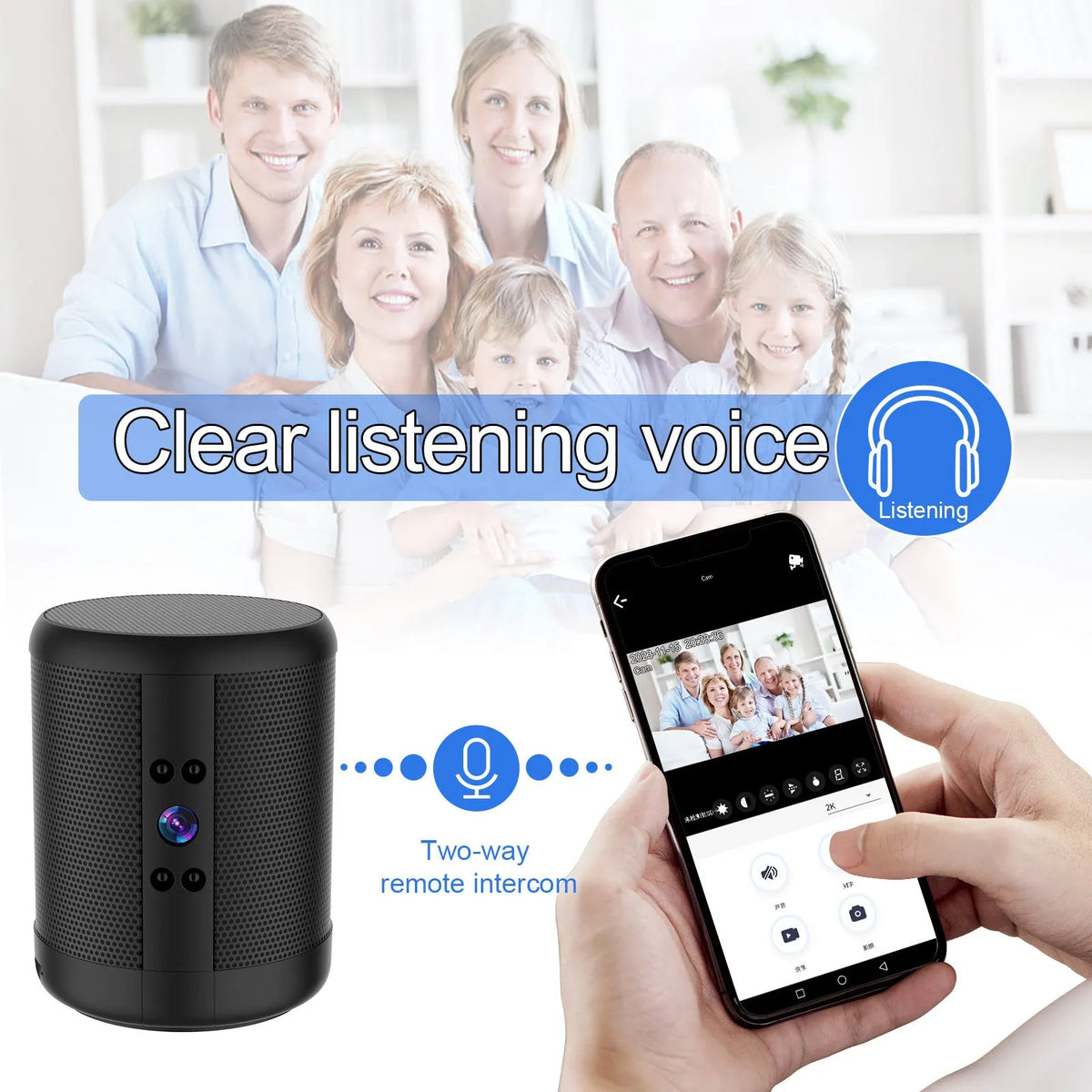 Home Smart Surveillance Camera HD plug-in-free black dual voice night vision alarm detection 10.5 x 7.2cm
