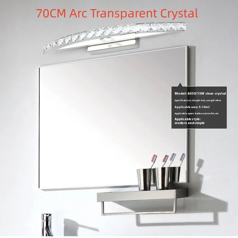 LED bathroom wall lamp with crystal mirror headlight, stainless steel hardware, available in 44cm 54cm or 70cm arc length