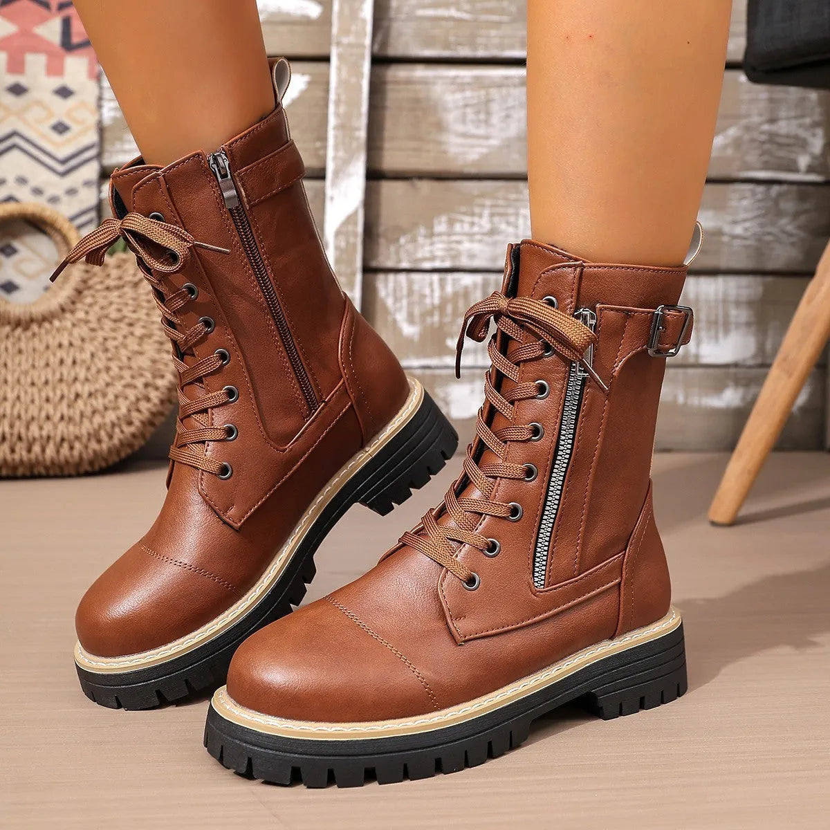 Women's solid colour cowhide low heel middle boots in black