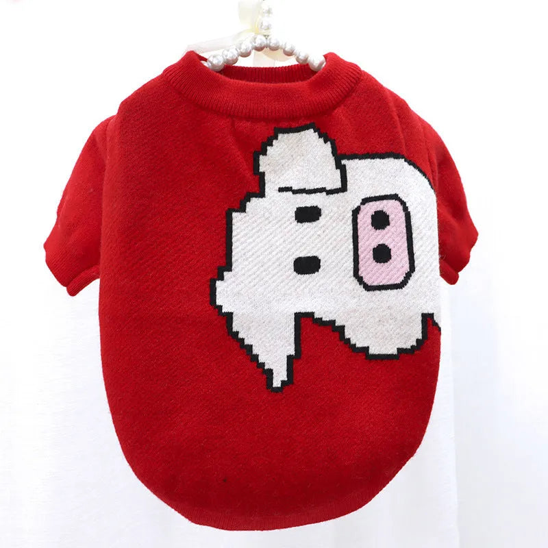 Cartoon design wool dog sweater with button front in rabbit, pig, strawberry, or flower patterns