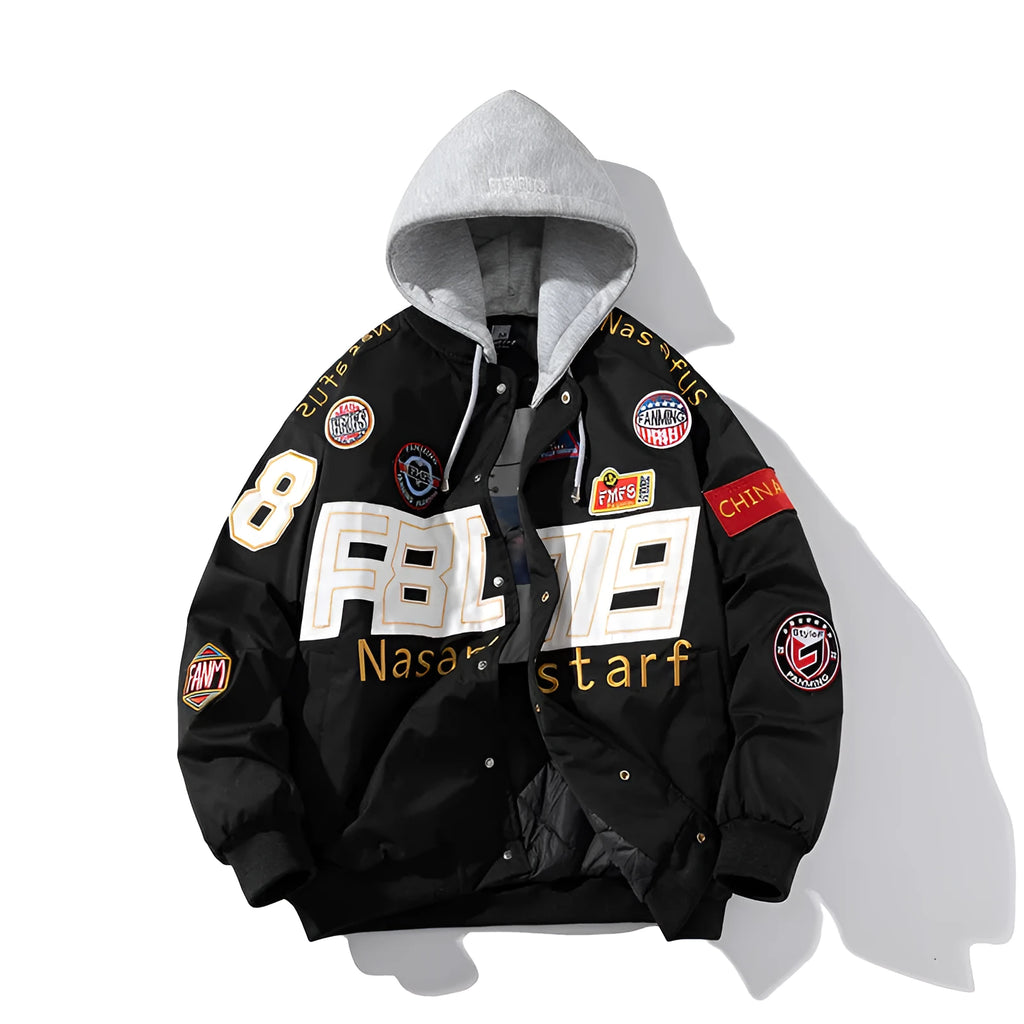 American motorcycle baseball uniform jacket in black, red, or blue with removable hood and cotton-padded lining