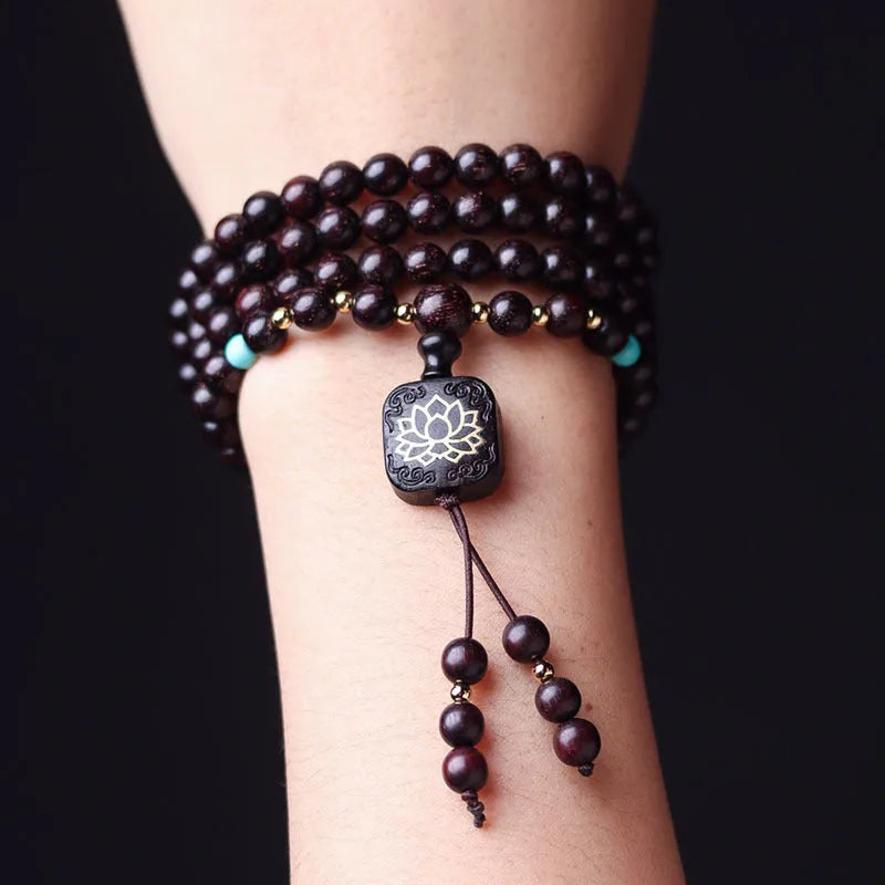 Zambia rosewood Buddha beads bracelet with 108 wooden beads and flat lotus pendant