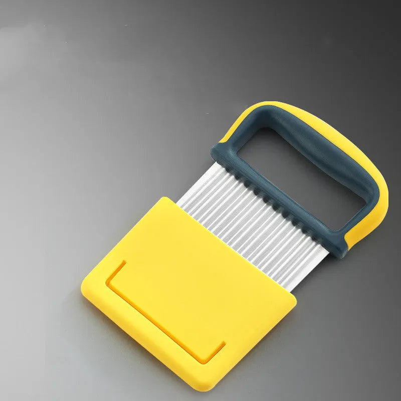 Stainless steel wolf tooth diced potato knife with wire-drawn finish in yellow colour box packaging