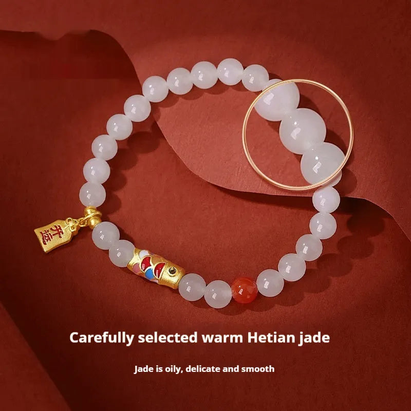 S925 sterling silver bracelet with natural Hetian jade and cold enamel koi fish design