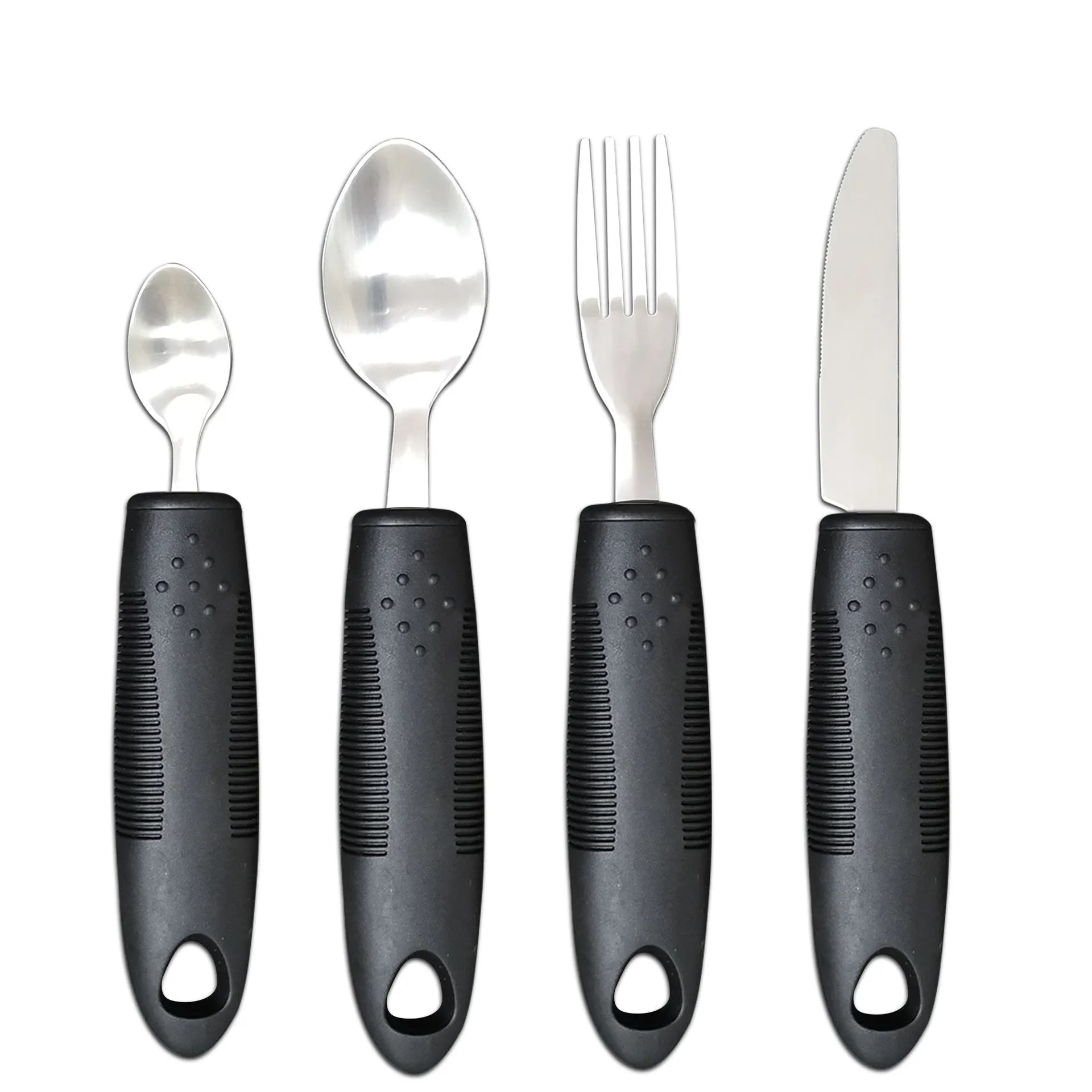 Stainless steel adaptive cutlery set with rubber handles for elderly or disabled users
