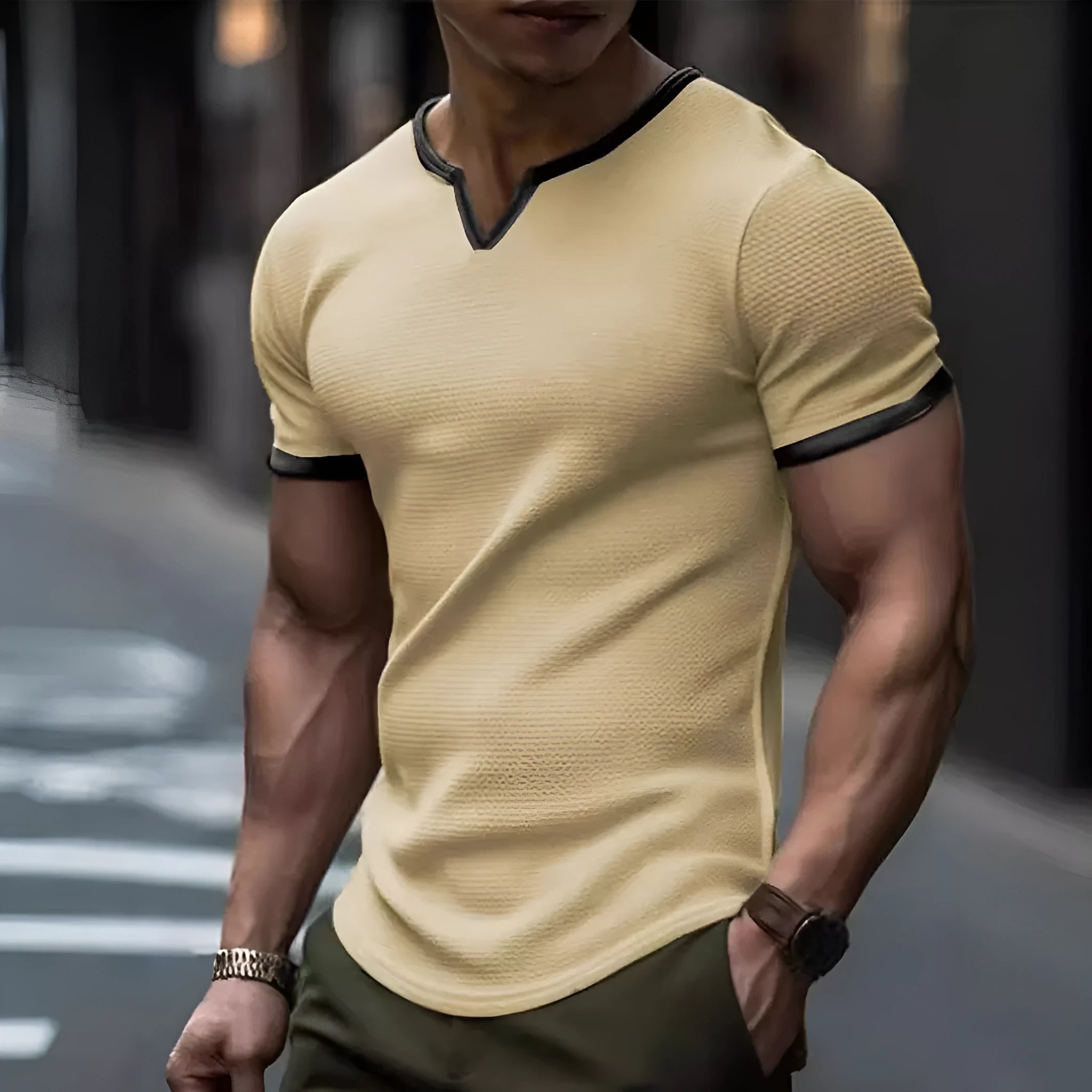 Colour-block V-neck sports t-shirt with waffle knit texture in polyester fabric for outdoor athletic activities