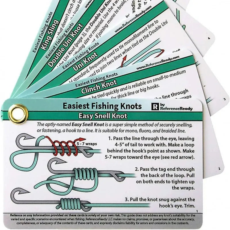 Set of 5 metal fishing knot diagram cards with illustrations on a pink background